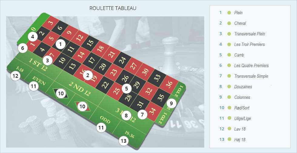 Et komplet overblik over hvilke muligheder for at bette, du har, når du spiller online på roulettten.